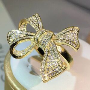 Rhinestone Bow Ring Womens Gold Vermeil Sterling Silver Statement Jewelry